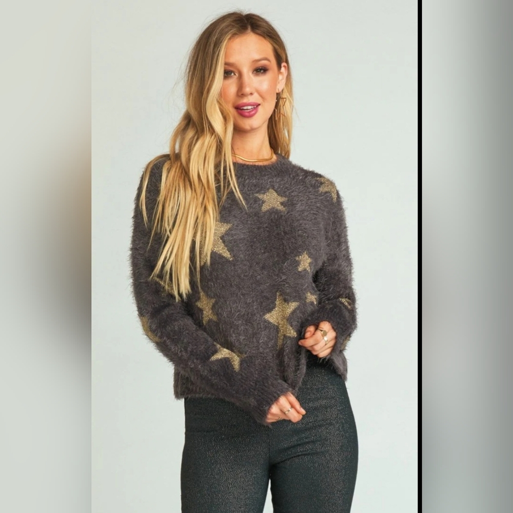 Show Me Your Mumu Cropped Varsity Sweater Shine Star Knit, Gray/Gold - Size Med.